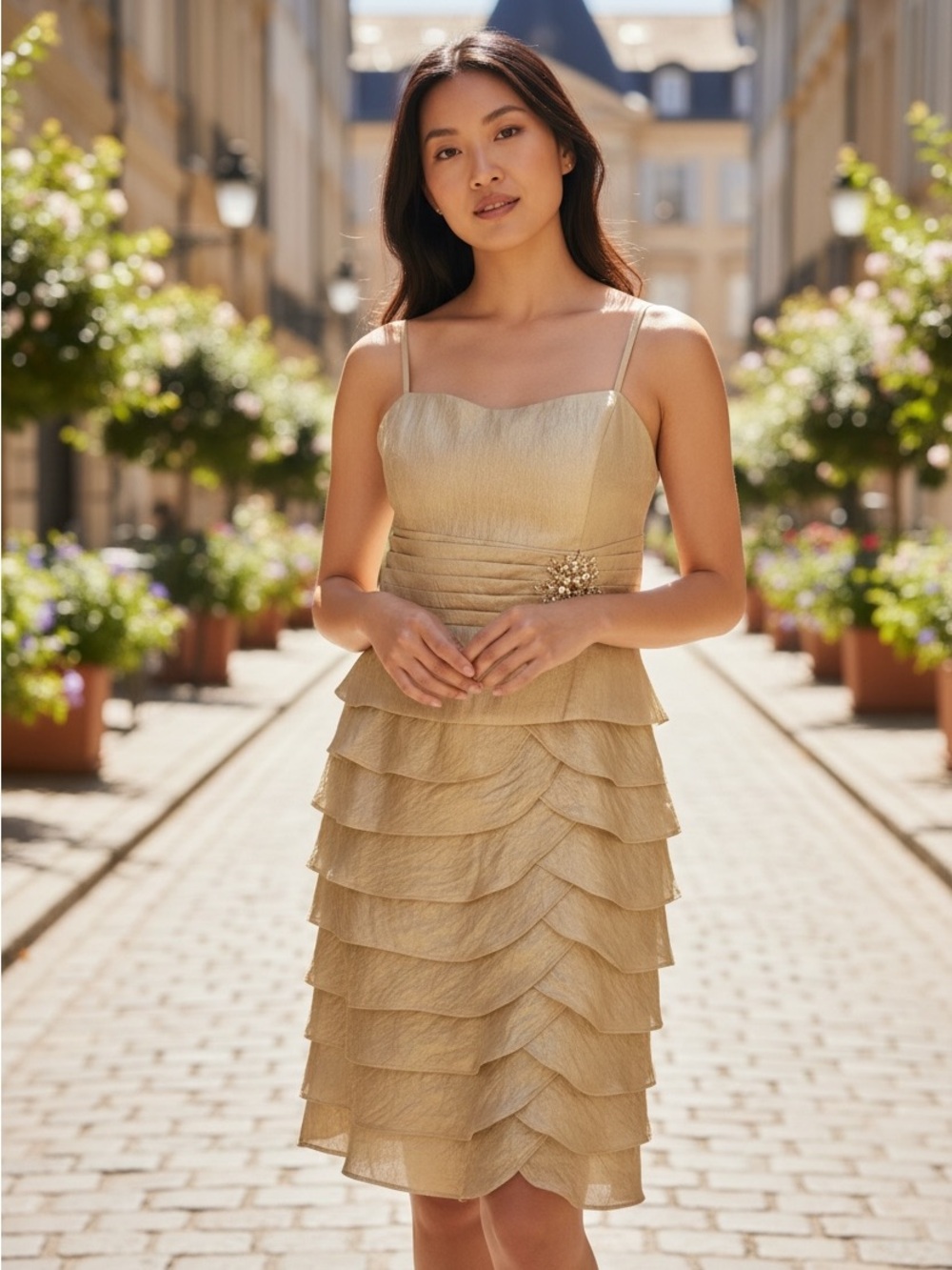 Jessica Howard champagne tiered dress 14